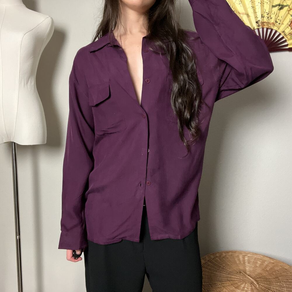 vintage plum purple silk minimalist oversized pocket button shirt blouse top